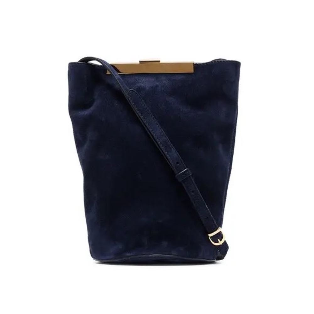 KHAITE Etta Classic Blue Suede Shoulder Bag with Gold Hardware